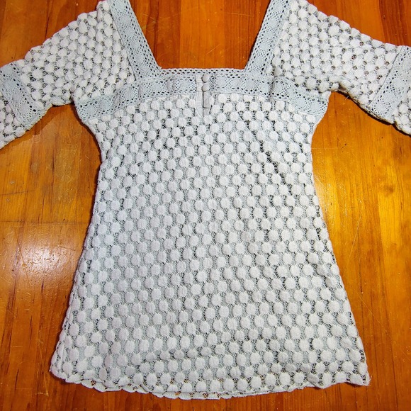 Solitaire Knit Crochet Polka Dot Square Neck 3/4 Sleeve‎ Top Size S Gray - Picture 9 of 11